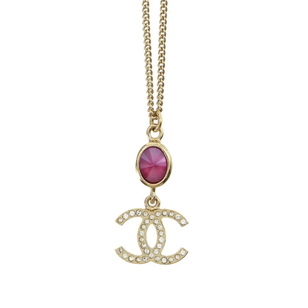 Authentic Chanel Necklace CC Logo Crystals Pink Stone Drop GHW 2020
